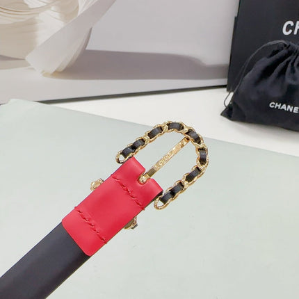 CC BELT 20 MM IN CHERRY RED MIX BLACK CALFSKIN GOLD HARDWARE