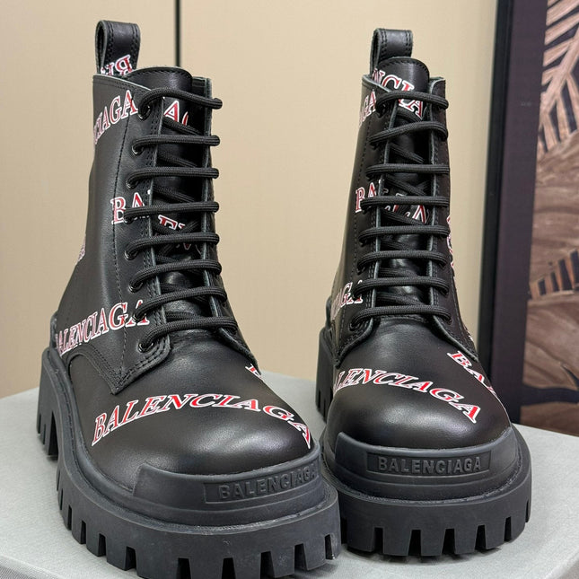CHUNKY BOOTS IN BLACK SMOOTH CALFSKIN RED LOGO PRINT