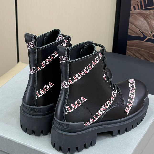CHUNKY BOOTS IN BLACK SMOOTH CALFSKIN RED LOGO PRINT