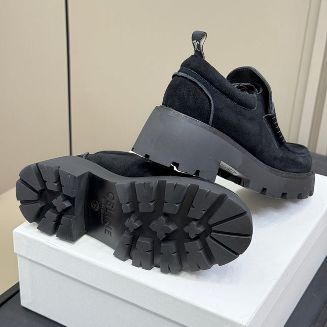 CELINE 25S SERIN CHUNKY LOAFERS 50MM IN BLACK SUEDE