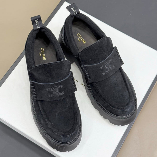 CELINE 25S SERIN CHUNKY LOAFERS 50MM IN BLACK SUEDE