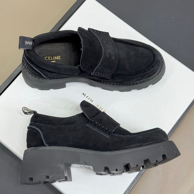 CELINE 25S SERIN CHUNKY LOAFERS 50MM IN BLACK SUEDE