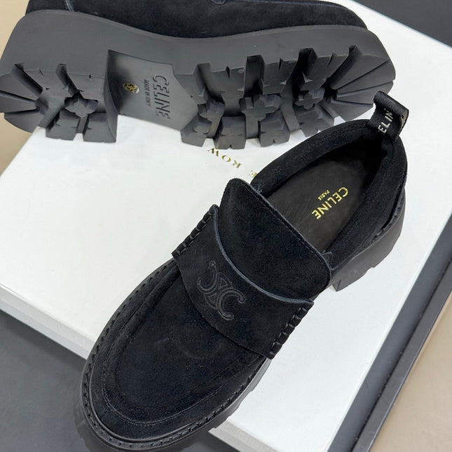CELINE 25S SERIN CHUNKY LOAFERS 50MM IN BLACK SUEDE