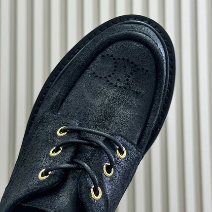 CELINE 25S THICK SOLED LOAFERS IN BLACK CALFSKIN SUEDE