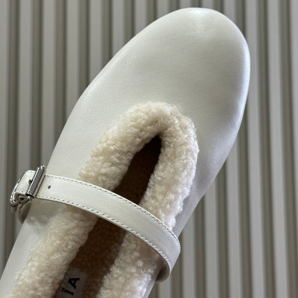 ALAIA 25S MARY JANE SHEARLING FLATS IN WHITE CALFSKIN