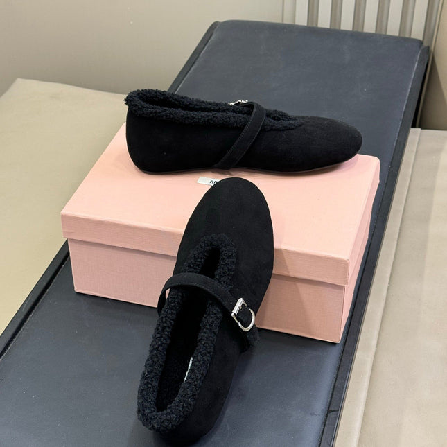 ALAIA 25S MARY JANE SHEARLING FLATS IN BLACK SUEDE