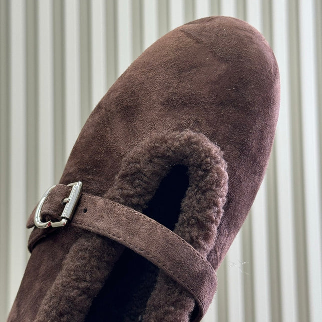 ALAIA 25S MARY JANE SHEARLING FLATS IN DARK BROWN SUEDE