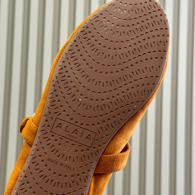 ALAIA 25S MARY JANE SHEARLING FLATS IN DARK CARAMEL SUEDE