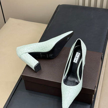 ALAIA 25S POINTY TOE PUMPS 90MM IN CELADON GREEN CALFSKIN