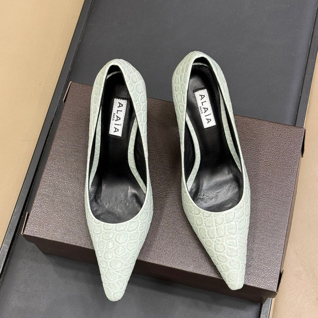 ALAIA 25S POINTY TOE PUMPS 90MM IN CELADON GREEN CALFSKIN