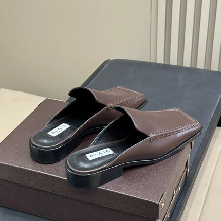 ALAIA 25S SQUARE LOAFER MULES IN BROWN CALFSKIN