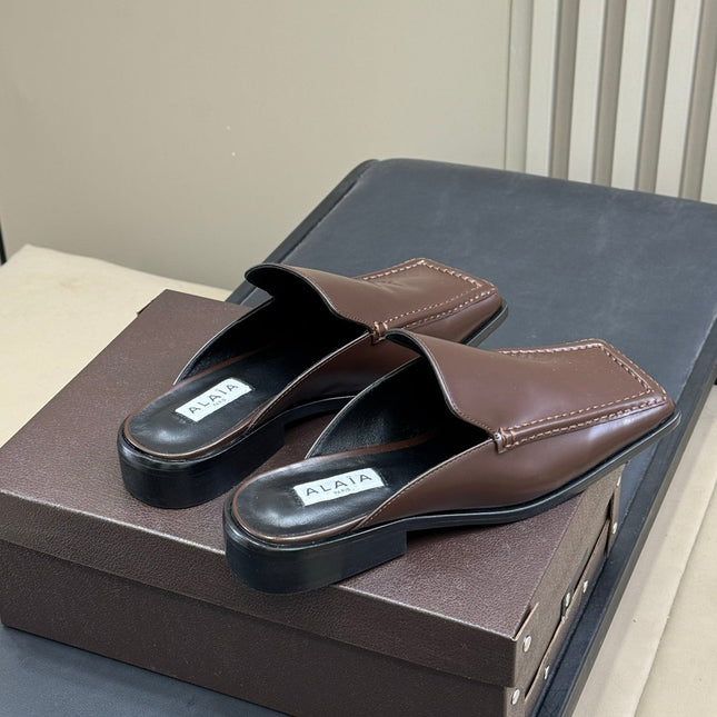 ALAIA 25S SQUARE LOAFER MULES IN BROWN CALFSKIN