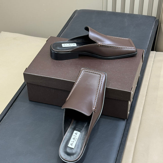 ALAIA 25S SQUARE LOAFER MULES IN BROWN CALFSKIN