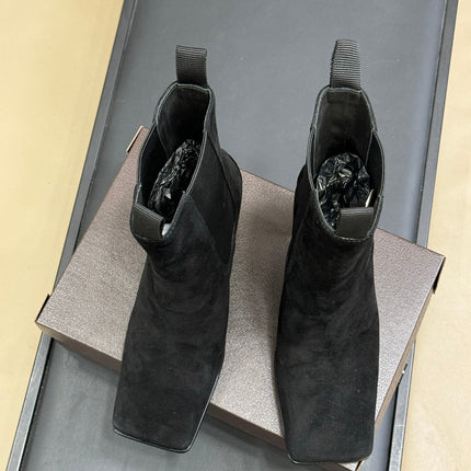 ALAIA 25S ANKLE HIGH-HEELED BOOTS IN BLACK SUEDE AND CANVAS