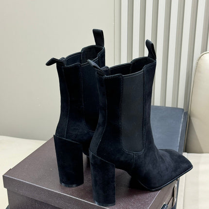 ALAIA 25S ANKLE HIGH-HEELED BOOTS IN BLACK SUEDE AND CANVAS