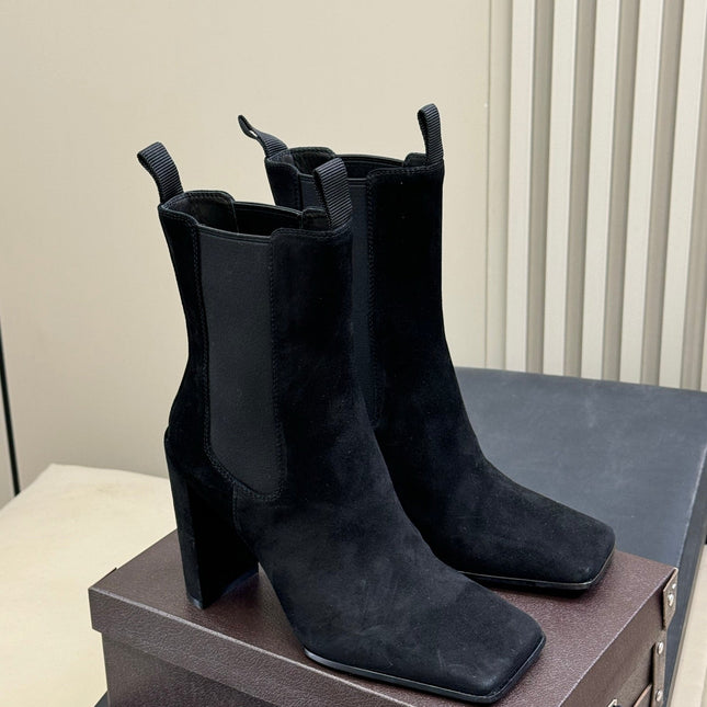 ALAIA 25S ANKLE HIGH-HEELED BOOTS IN BLACK SUEDE AND CANVAS
