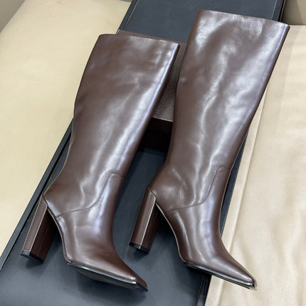 ALAIA 25S KNEE-HIGH SQUARE-TOE BOOTS IN BROWN CALFSKIN