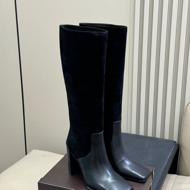 ALAIA 25S KNEE BOOTS IN BLACK CALFSKIN AND SUEDE