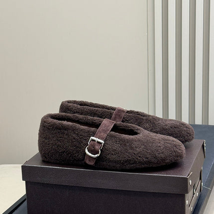 ALAIA 25S COZY MARY JANE SHEARLING FLATS IN DARK BROWN