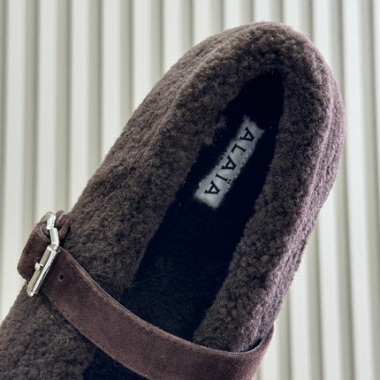 ALAIA 25S COZY MARY JANE SHEARLING FLATS IN DARK BROWN