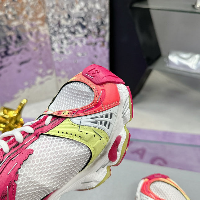 STAPLER SNEAKER IN WHITE, PINK, NEON YELLOW AND SILVER POLYURETHANE AND POLYESTER