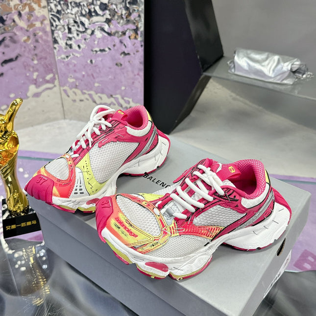 STAPLER SNEAKER IN WHITE, PINK, NEON YELLOW AND SILVER POLYURETHANE AND POLYESTER