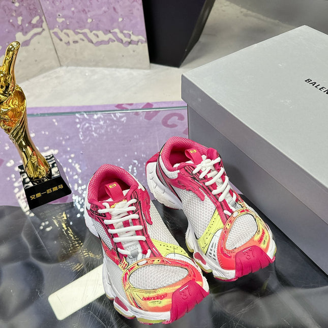 STAPLER SNEAKER IN WHITE, PINK, NEON YELLOW AND SILVER POLYURETHANE AND POLYESTER