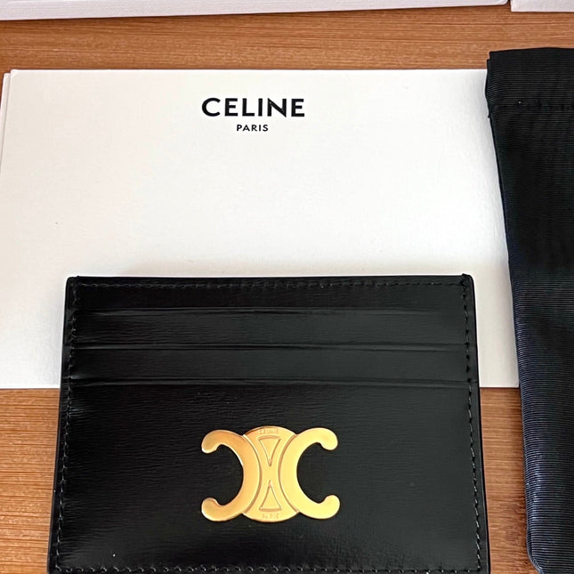 CELINE 25S CARD HOLDER TRIOMPHE LOGO 11 IN BLACK CALFSKIN GOLD HARDWARE