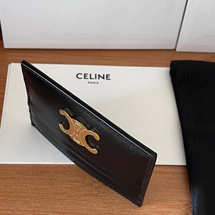 CELINE 25S CARD HOLDER TRIOMPHE LOGO 11 IN BLACK CALFSKIN GOLD HARDWARE