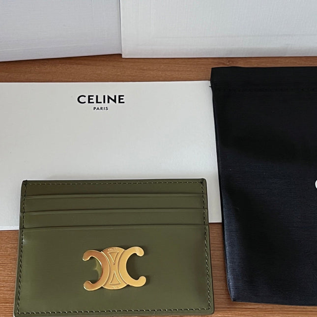 CELINE 25S CARD HOLDER WITH TRIOMPHE LOGO 11 IN DARK OLIVE GREEN CALFSKIN