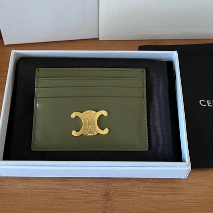 CELINE 25S CARD HOLDER WITH TRIOMPHE LOGO 11 IN DARK OLIVE GREEN CALFSKIN