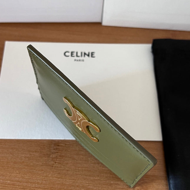 CELINE 25S CARD HOLDER WITH TRIOMPHE LOGO 11 IN DARK OLIVE GREEN CALFSKIN