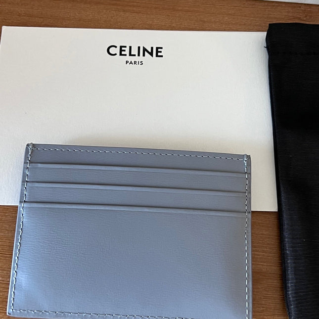 CELINE 25S CARD HOLDER WITH TRIOMPHE LOGO 11 IN LIGHT BLUE GRAY CALFSKIN