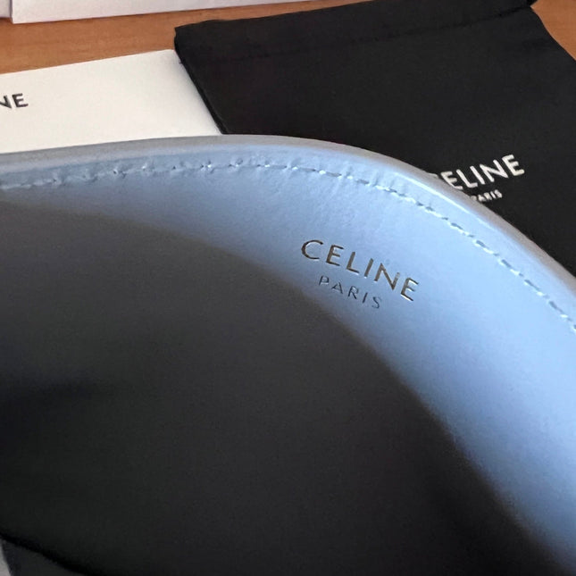 CELINE 25S CARD HOLDER WITH TRIOMPHE LOGO 11 IN LIGHT BLUE GRAY CALFSKIN