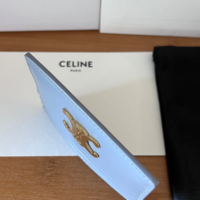 CELINE 25S CARD HOLDER WITH TRIOMPHE LOGO 11 IN LIGHT BLUE GRAY CALFSKIN