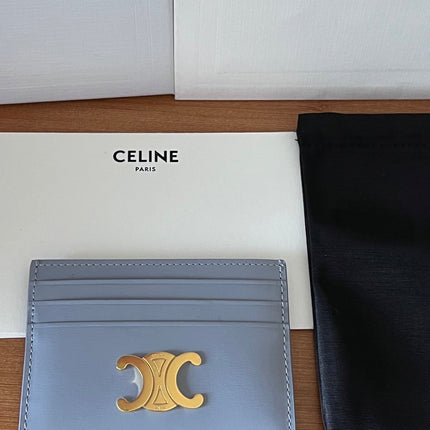 CELINE 25S CARD HOLDER WITH TRIOMPHE LOGO 11 IN LIGHT BLUE GRAY CALFSKIN
