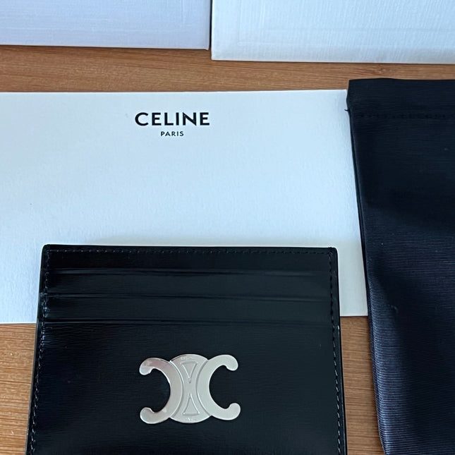 CELINE 25S CARD HOLDER WITH TRIOMPHE LOGO 11 IN BLACK GLOSSY CALFSKIN