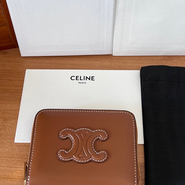 CELINE 25S TRIOMPHE COMPACT ZIPPED WALLET 11 IN BROWN CALFSKIN GOLD HARDWARE