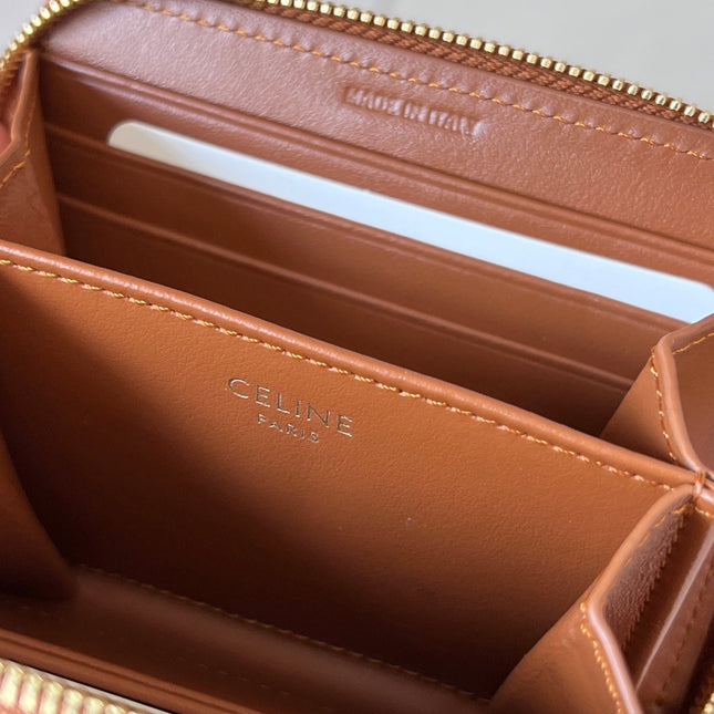 CELINE 25S TRIOMPHE COMPACT ZIPPED WALLET 11 IN BROWN CALFSKIN GOLD HARDWARE