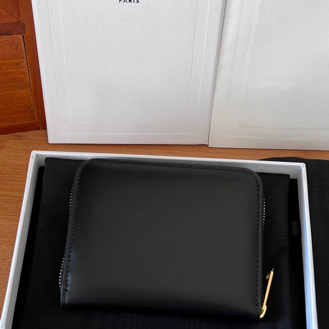 CELINE 25S TRIOMPHE COMPACT ZIPPED WALLET 11 IN BLACK CALFSKIN GOLD HARDWARE