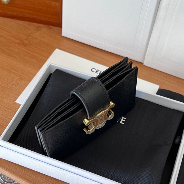 CELINE 25S TRIOMPHE TRIFOLD WALLET 11 IN BLACK CALFSKIN GOLD HARDWARE