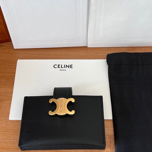 CELINE 25S TRIOMPHE TRIFOLD WALLET 11 IN BLACK CALFSKIN GOLD HARDWARE