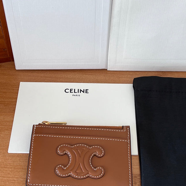 CELINE 25S ZIPPED CARD HOLDER 11 IN BROWN CALFSKIN GOLD HARDWARE