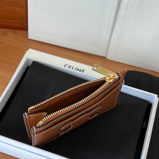 CELINE 25S ZIPPED CARD HOLDER 11 IN BROWN CALFSKIN GOLD HARDWARE