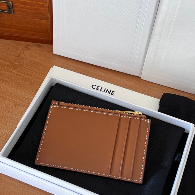 CELINE 25S ZIPPED CARD HOLDER 11 IN BROWN CALFSKIN GOLD HARDWARE