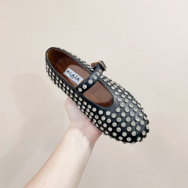 ALAIA MARY JANE SHOES IN BLACK LAMBKIN ATTACH RHINSTONES