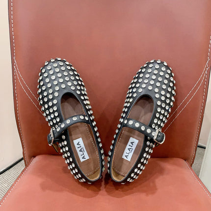 ALAIA MARY JANE SHOES IN BLACK LAMBKIN ATTACH RHINSTONES
