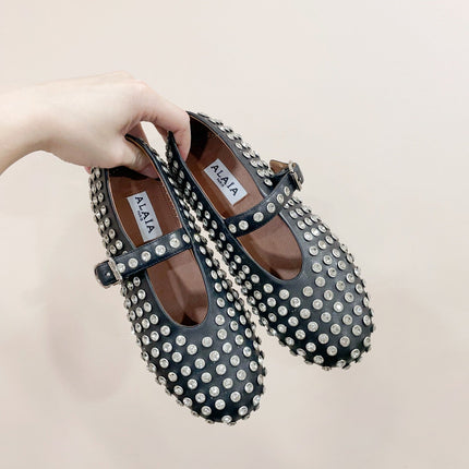 ALAIA MARY JANE SHOES IN BLACK LAMBKIN ATTACH RHINSTONES