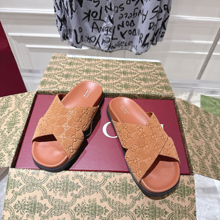 GG SLIDES IN BURNT ORANGE SUEDE WITH EMBOSSED LOGO STYLE 11