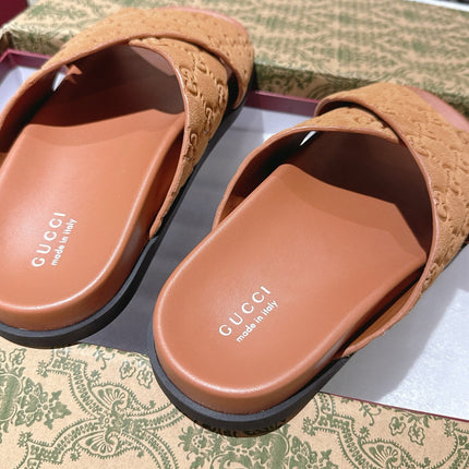 GG SLIDES IN BURNT ORANGE SUEDE WITH EMBOSSED LOGO STYLE 11